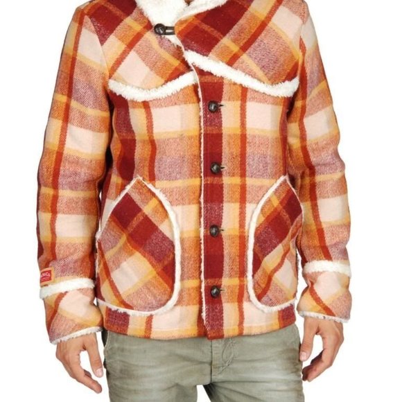 MENS DIESEL VINTAGE ICONIC WORACE SHERPA PLAID PEACOAT SIZE XL - Picture 2 of 16